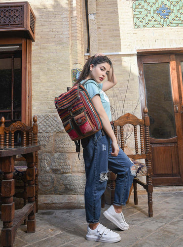 Kardashii Antique Retro-Chic Handmade Colorful Antique Kilim Carpet Top Handle Backpack Gift Kardashian Kim Kylie