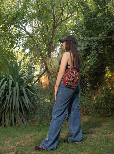 Kardashii Chic Hand-Woven Kilim Top Handle Carpet Backpack with Geometric Design Panels Hand-Knotted Rug  Kardashian Kim Kylie