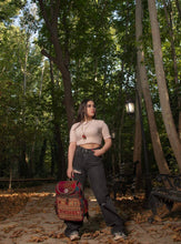 Load image into Gallery viewer, Kardashii Chic Hand-Woven Suzani Top Handle Carpet Backpack with Geometric Design Panels Hand-Knotted Rug  Kardashian Kim Kylie
