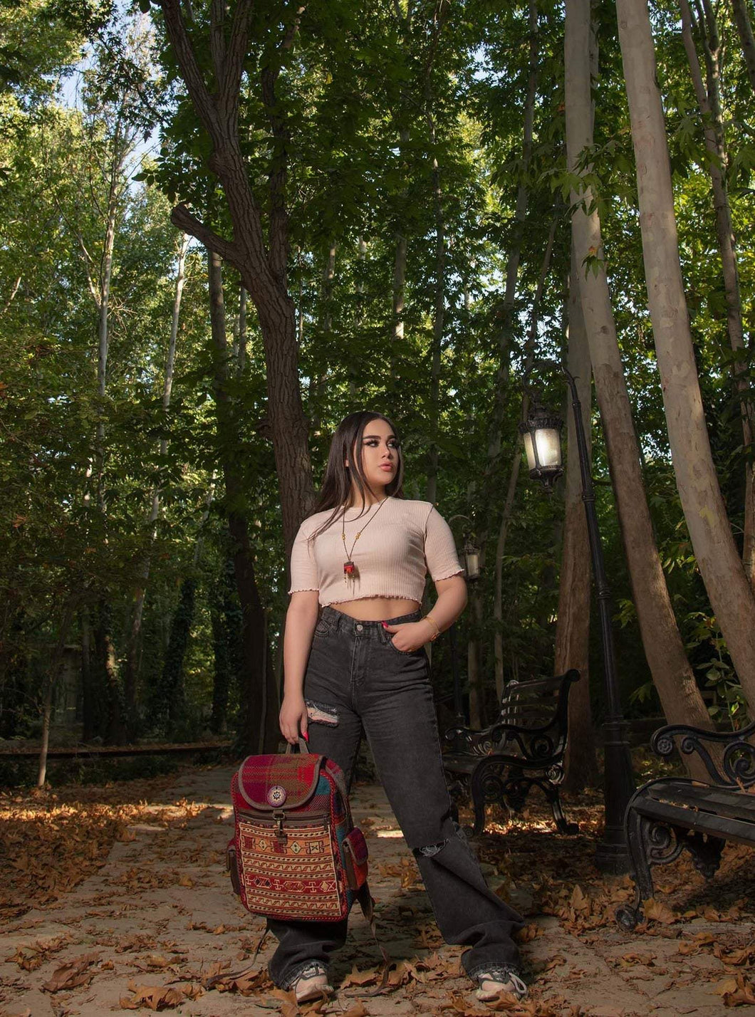 Kardashii Chic Hand-Woven Suzani Top Handle Carpet Backpack with Geometric Design Panels Hand-Knotted Rug  Kardashian Kim Kylie